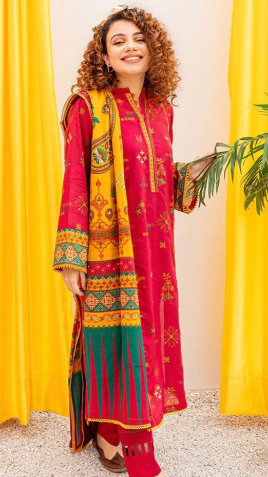Refined 3-piece embroidered lawn suit with a graceful printed dupatta, embodying luxury and sophistication in design.