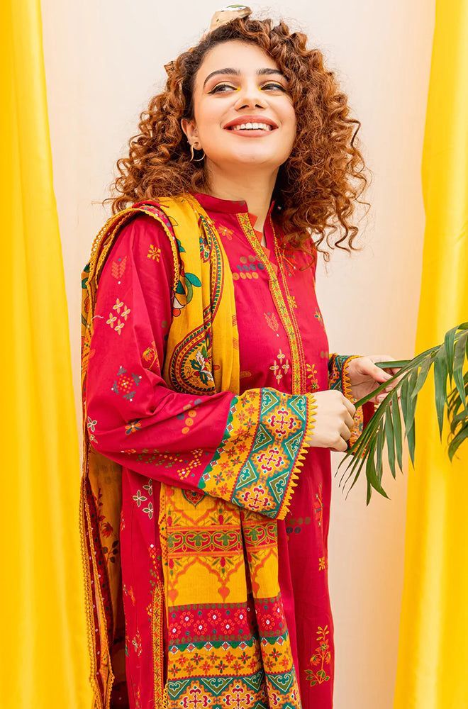 Luxurious 3-piece lawn suit featuring exquisite embroidery, complemented by a stunning printed dupatta for a refined look.