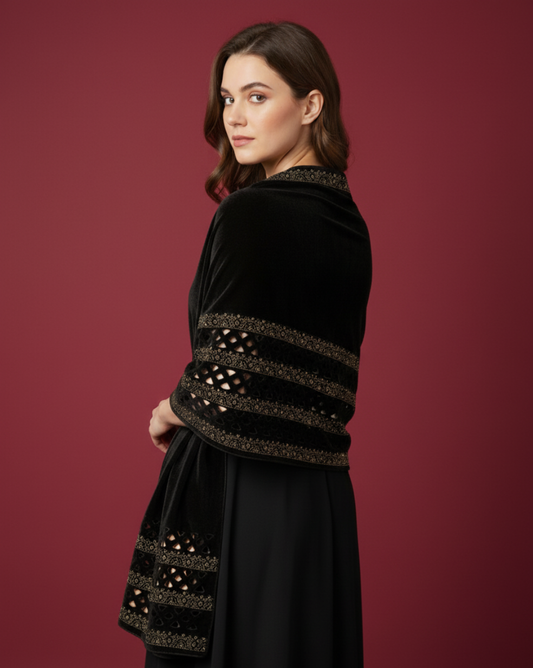 MAKHMAL BY TATA FABRICS | LASER CUTWORK & STONEWORK SHAWL #004