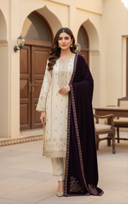 MAKHMAL BY TATA FABRICS | LASER-CUT-STONE WORK SHAWL #003