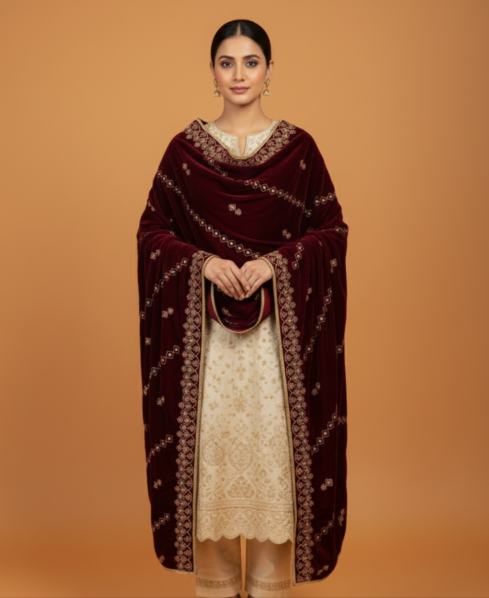 MAKHMAL BY TATA FABRICS | EMBROIDED | 4-SIDE EMBROIDED SHAWL #012
