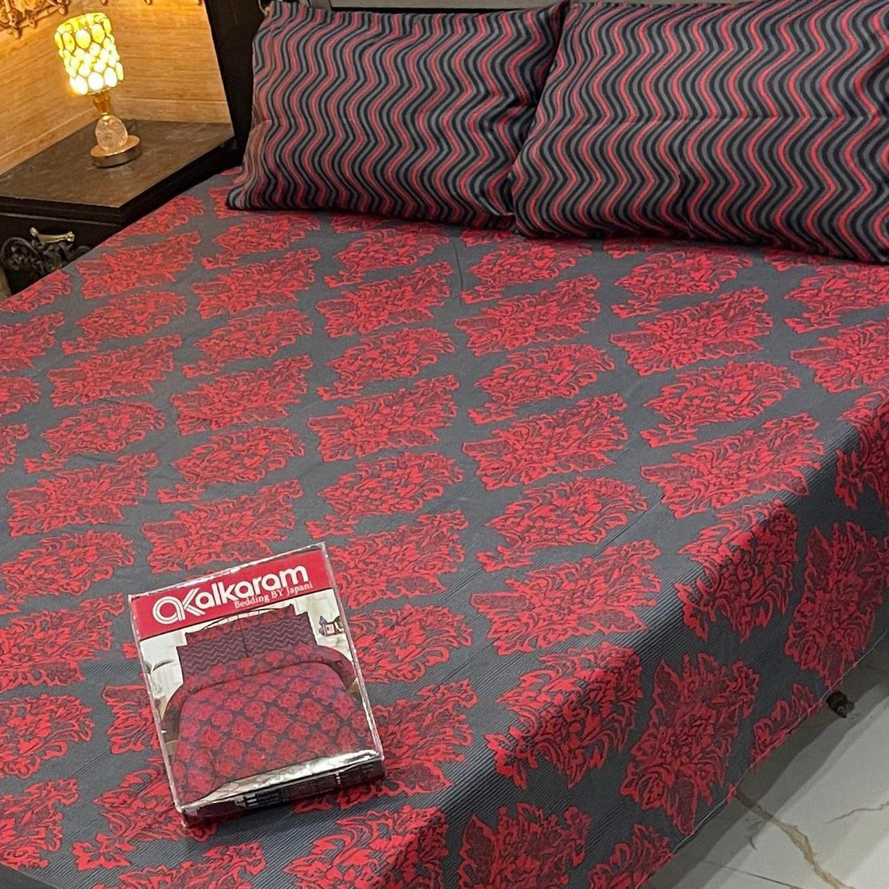 King size 3PC bedsheet set featuring cotton mix fabric with Alkaram/Khaadi inspired prints in vibrant colors.