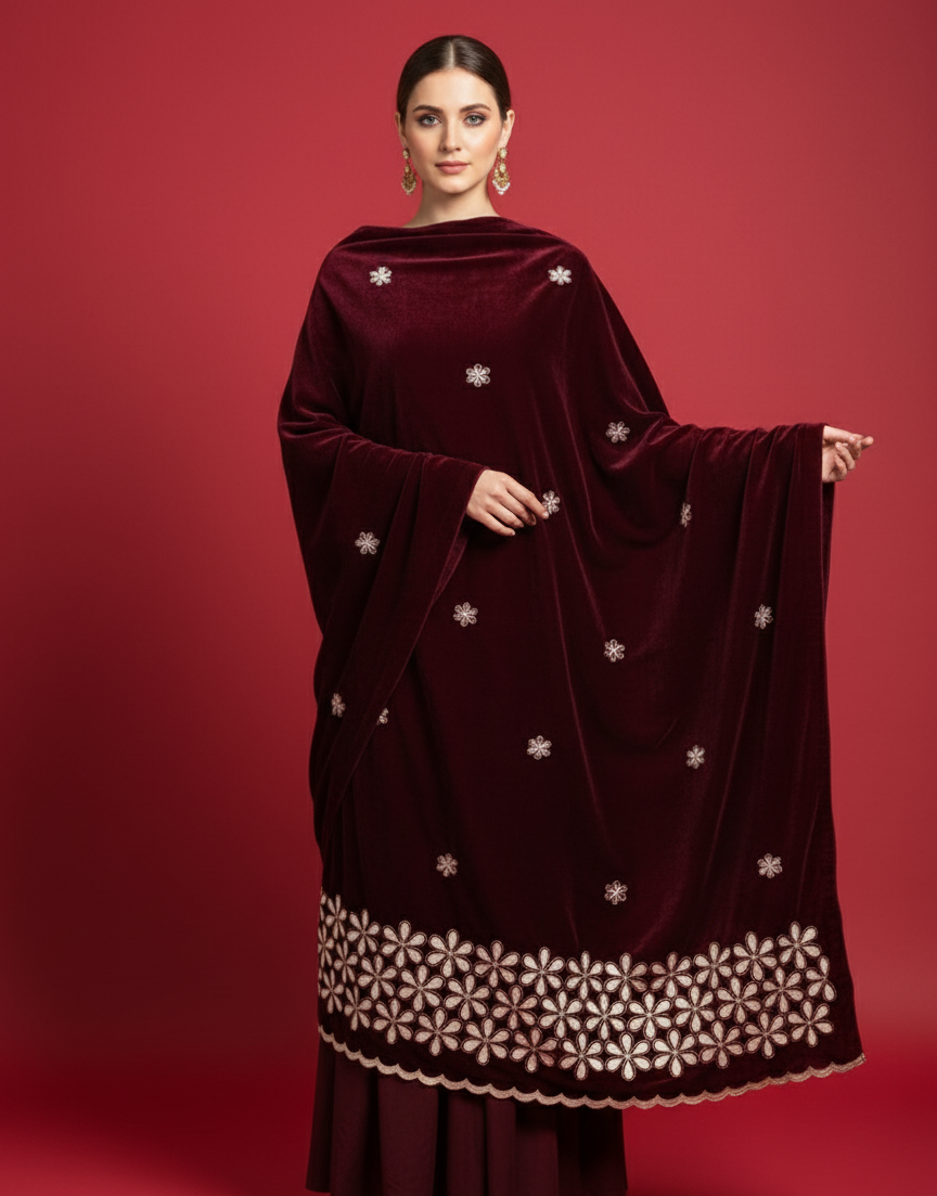 MAKHMAL BY TATA FABRICS | LASER CUT | FLORAL LASER CUT MOTIFZ SHAWL #001