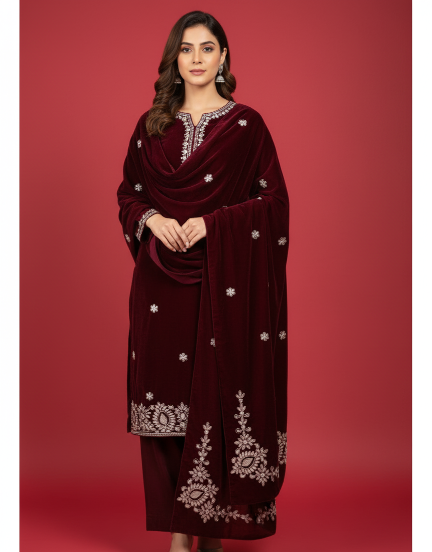 MAKHMAL BY TATA FABRICS | LASER CUT | FLORAL LASER CUT MOTIFZ SHAWL #008