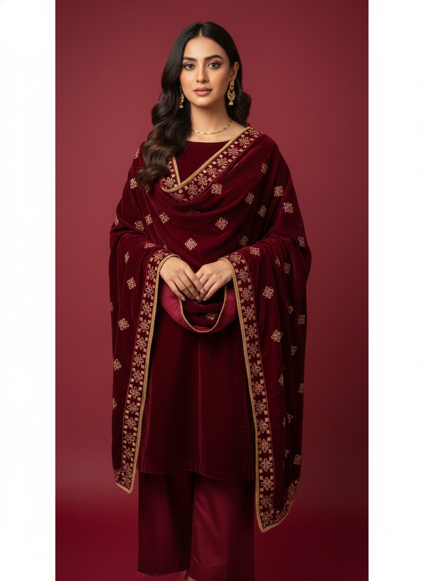 MAKHMAL BY TATA FABRICS | 4- SIDE EMBROIDED | EMBROIDED SHAWL #035